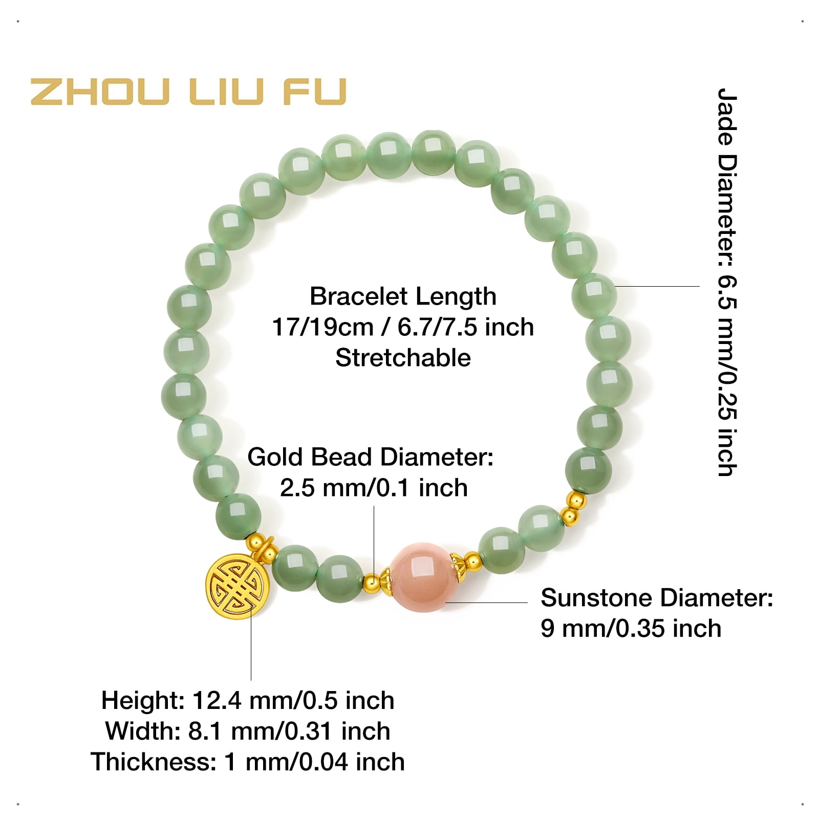 ZHOU LIU FU Jade Beaded Bracelet 925 Sterling Silver Blessing Fu Charm - Green Gemstone Sunstone Jewelry for Women 7.5"