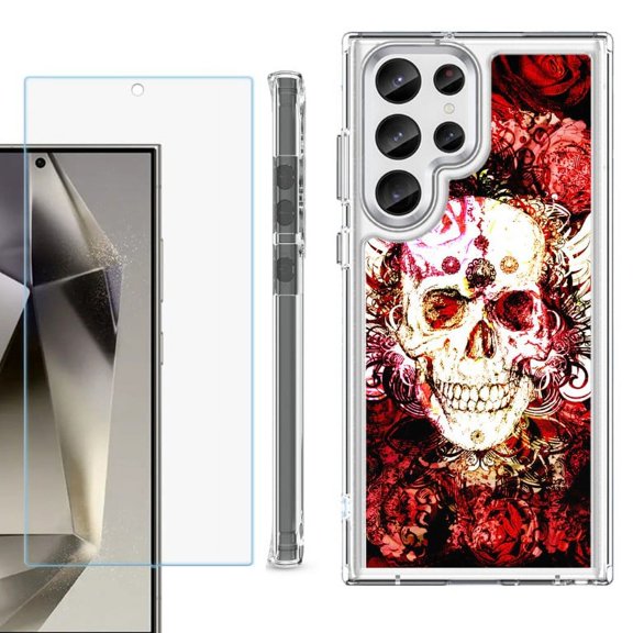 OneToughShield ® Case Compatible with Samsung Galaxy S24 Ultra, Shockproof Bumper Phone Case, with Tempered Glass Screen Protector - Rose Skull