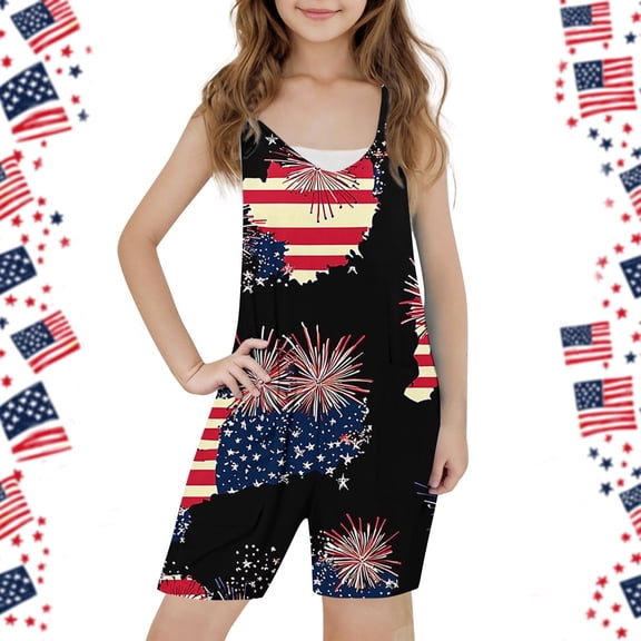 Children's Independence Day Printed Jumpsuits Sleeveless Camisole Rompers Shorts With Pockets For Summer Kids