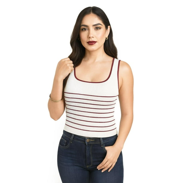 Top de canalé con diseño a rayas /Juvenil, 0294 (Lineas vino) vino M