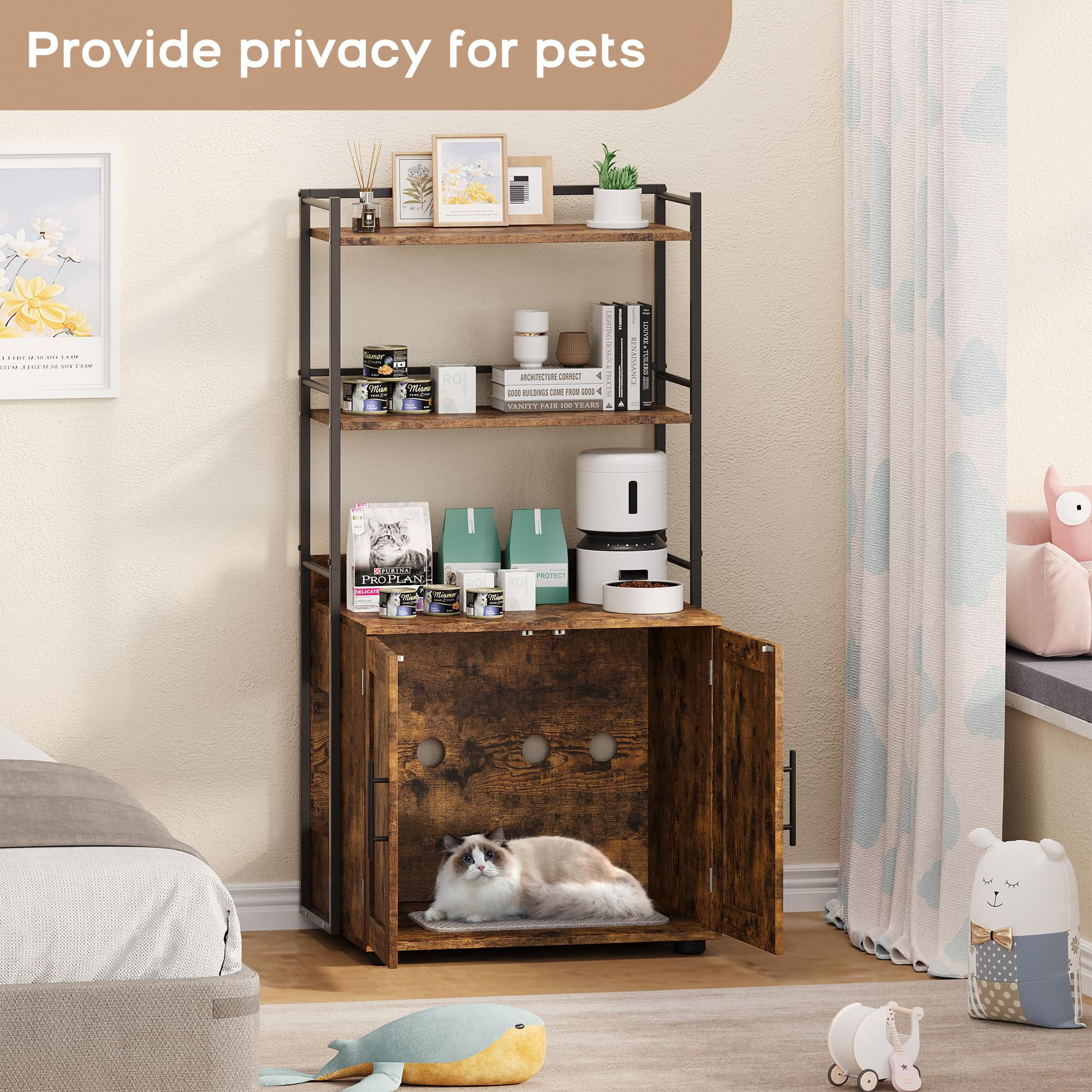 Cat Litter Box Enclosure with Shelf Storage, 2-in-1 Hidden Cat Washroom Furniture, Indoor Cat Cabinet, Hidden Cat Box Enclosure with 3 Shelves and Door, Cat House for Most Litter Box