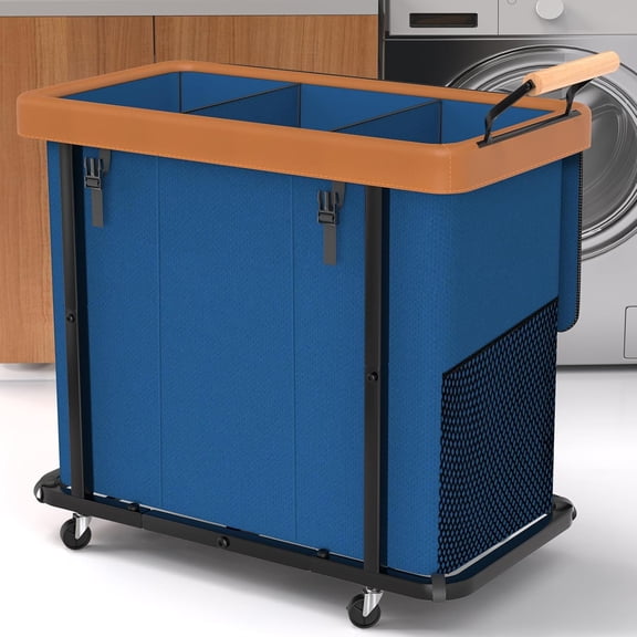 230L (60 Gal) Extra Large Fashion Laundry Sorter 3 Section with Lid, Rolling Laundry Basket Hamper with Handle, Laundry Organizer Storage Cart with Sturdy Metal Frame for Laundry Room, Dark Blue