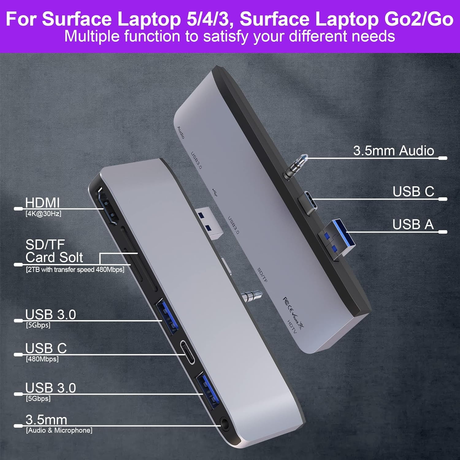 Surface Laptop 5/Laptop 4/Laptop 3/Laptop Go/Laptop Go2 Hub Docking Station with 4K@30HZ HDMI +2*USB 3.0 +USB-C +SD TF Card Slot +3.5mm Audio Adapter for Surface Laptop 3/4/5/Laptop Go/Go2