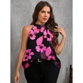 thumbnail image 4 of OYOANGLE Women's Plus Size Floral Print Halter Neck Tank Top Sleeveless Keyhole Back Blouse Black and Pink 1XL, 4 of 6