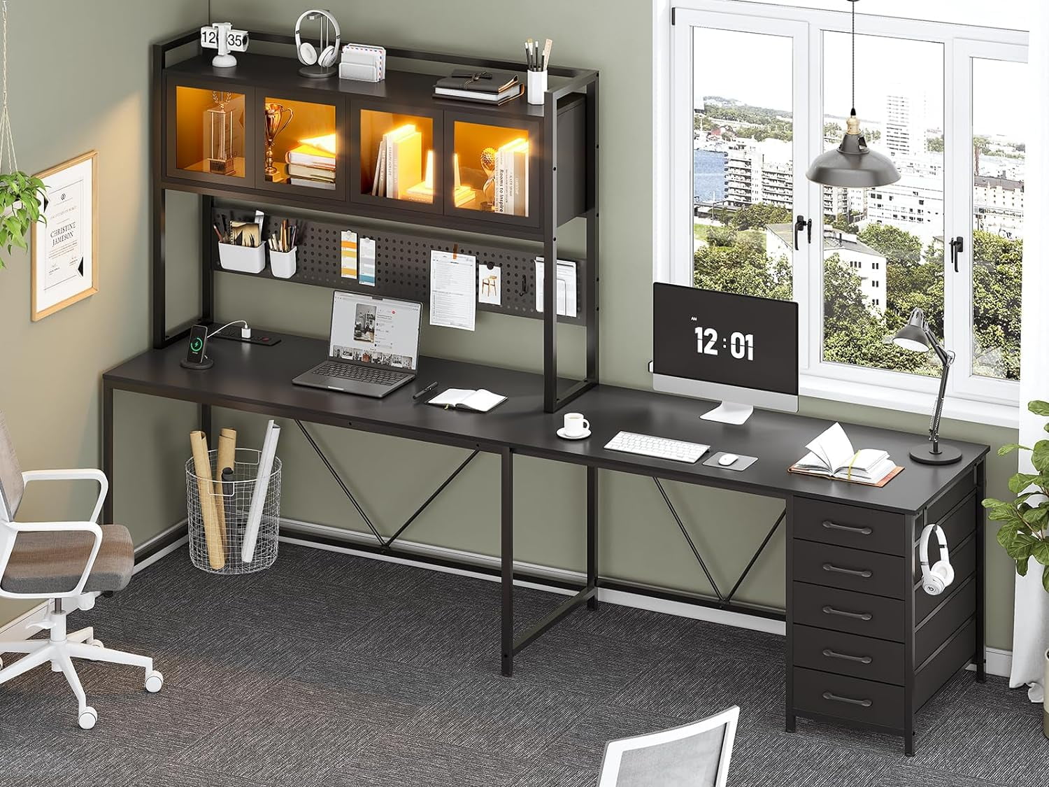 L Shaped Gaming Desk, Reversible L Shaped Desk with Hutch, Drawers and Power Outlet, Gaming Desk with Led Lights, Pegboard and Storage Shelf, Black