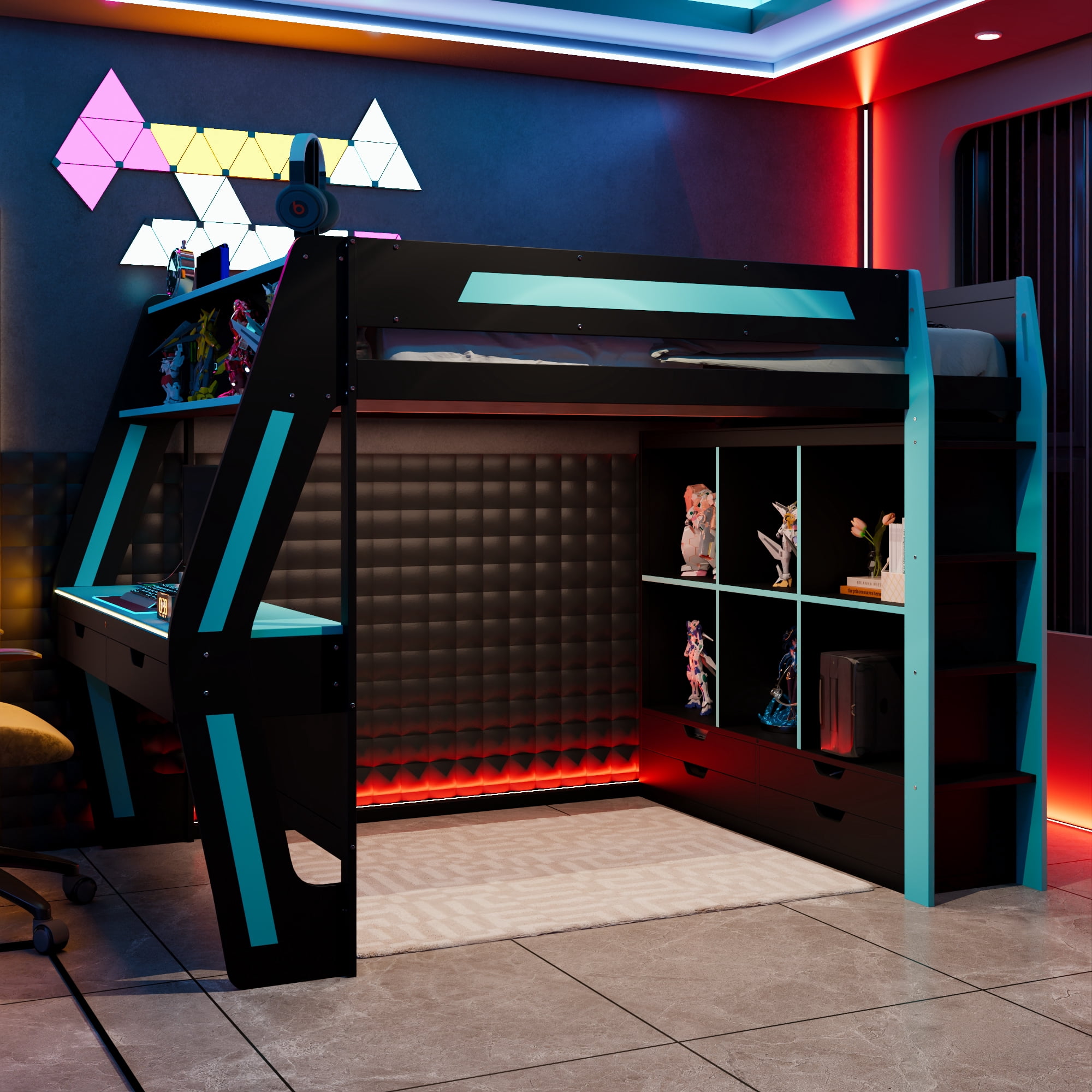 Mintazer Full Gaming Loft Bed with Lights & Desk, Modern Loft Bed with 6 Cubbies & 6 Storage Drawers, Black & Red