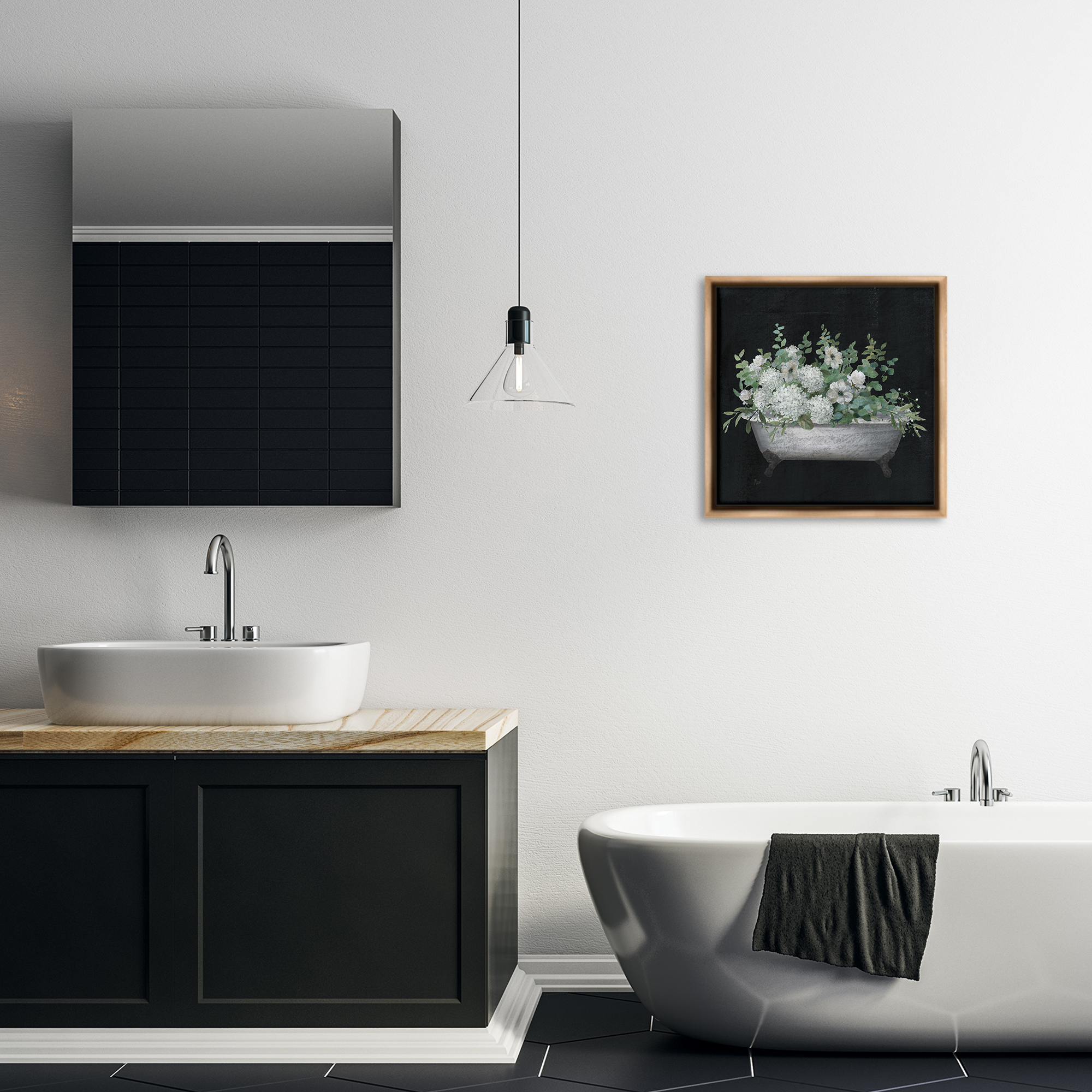Stupell Industries Floral Bath on Black Typography Painting Brown Floater Framed Canvas Art Print Wall Art, 18 x 18