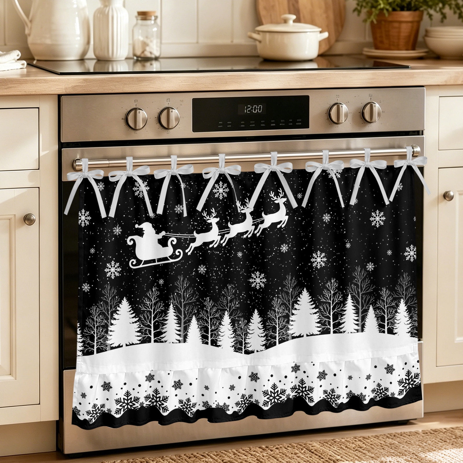 Oven Curtain for Kitchen Christmas Trees Santa Claus Stove Curtain With Ruffled Trim Dishwasher Curtains Snowflakes Elk on Black Oven Skirt 32 x24