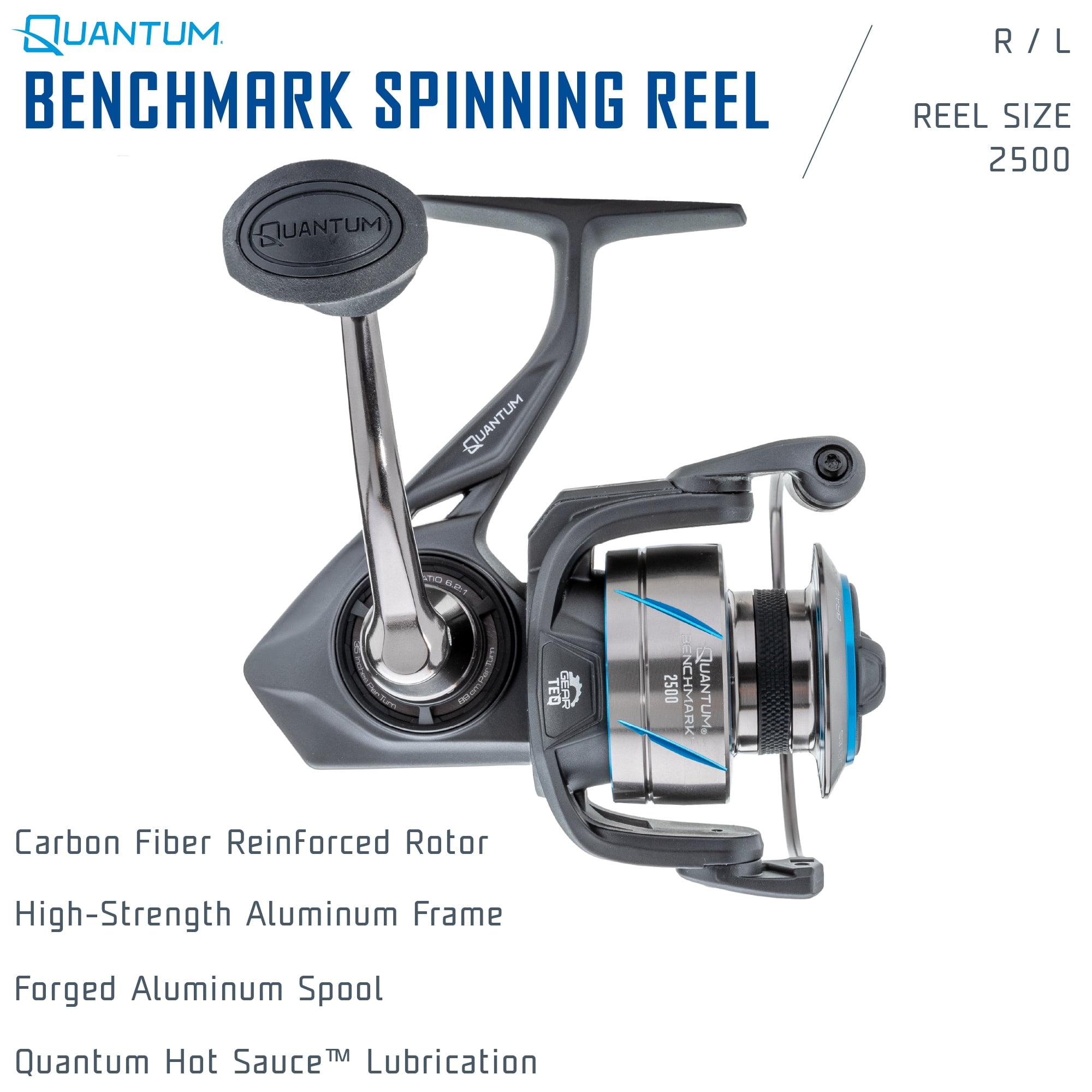 Quantum Benchmark Spinning Fishing Reel, Size 2500 Reel, 5+1 Bearings, 6.2:1 Gear Ratio, Aluminum Frame, SEALOQ 6 Protection, GEARTEQ Machined Gears, CFX200 Carbon Fiber Xtreme Drag, Silver/Blue