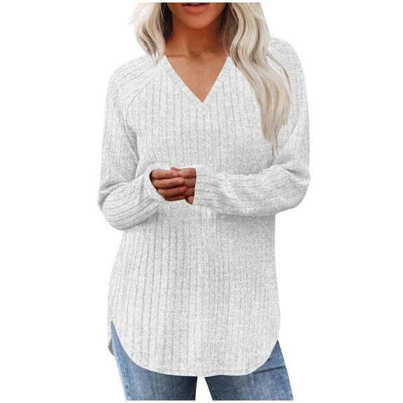 tarylea Tops for Women Trendy V Neck Split Hem Pullover Solid Color Long Sleeve Shirts Casual Loose Fall Basic Dailywear Tops