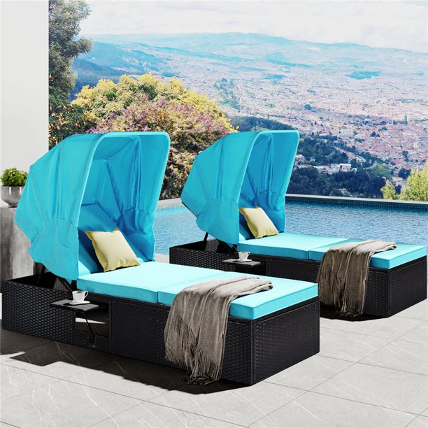 Chaise Lounges for Beach, 2Pcs Patio Furniture Set with Canopy, Outdoor