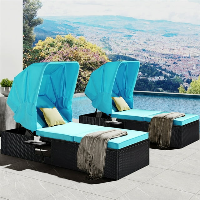 Pool Lounge Chairs, 2Pcs Patio Chaise Lounge Chairs Outdoor Furniture Set with Adjustable Back and Canopy, All-Weather PE Rattan Wicker Reclining Lounge Chair for Beach, Backyard, Garden, LLL1581