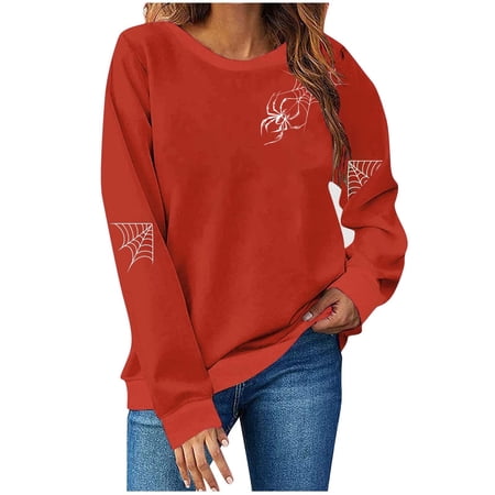 aohooy Halloween for Women Shirts Cute Funny Ghost Pumpkin Graphic Long Sleeve Shirt Fall Spooky Pullover Sweatshirts Tops Red S