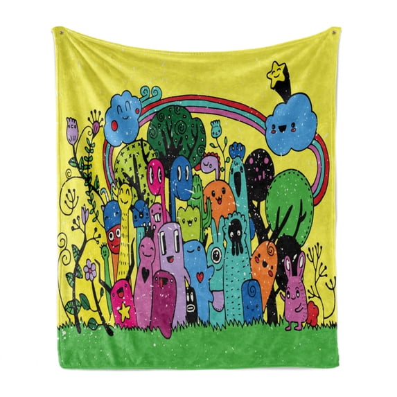 Indie Soft Flannel Fleece Blanket, Colorful Funny Hand Drawn Crazy Doodle Monsters in Nature Rainbow and Flowers Grungy, Cozy Plush for Indoor and Outdoor Use, 50" x 70", Multicolor, by Ambesonne