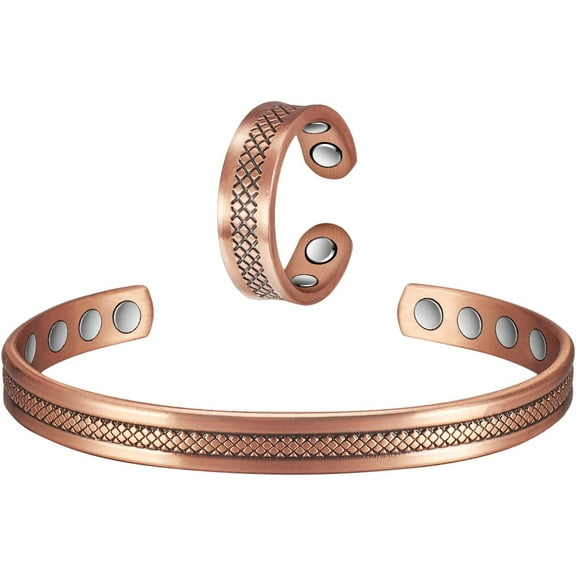 Wollet Pure Copper Magnetic Bracelets(6.88 inches) Rings(2.3 inhces) Set- Copper Jewelry Gift Set-Adjustable Solid Pure Copper Cuff Bangle