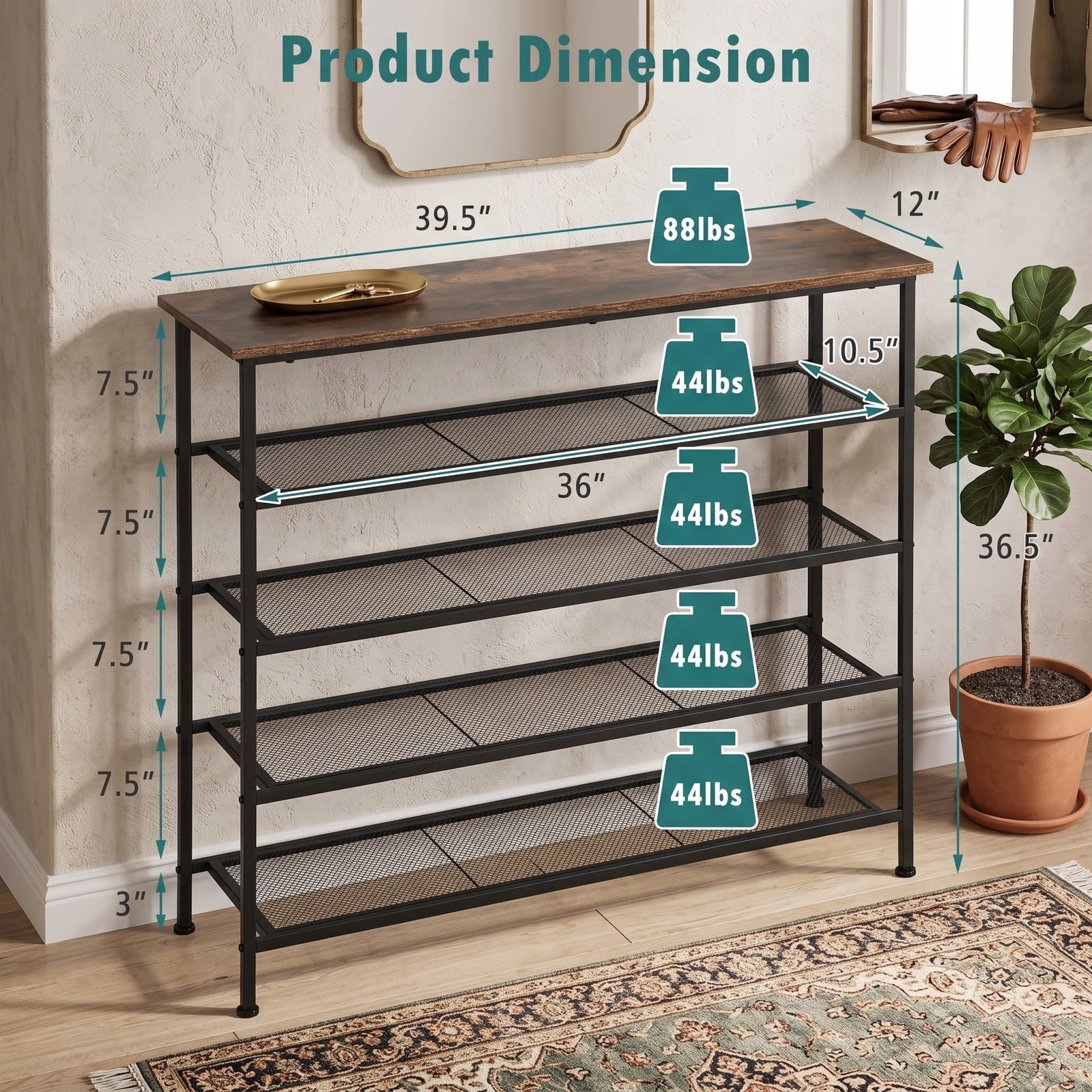 Furnibear Industrial 5-Tier Metal Shoe Rack with Wood Top and Adjustable Feet for Entryway Hallway and Bedroom, Rustic Brown