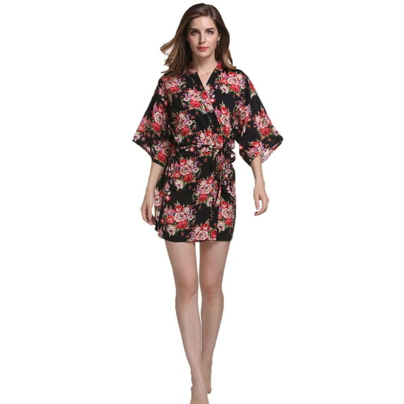 Grace Art, Short Robe Kimono, Floral, Black