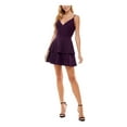 thumbnail image 3 of CITY STUDIO Womens Purple Stretch Zippered Darted Laced Back Glitter Sheer Spaghetti Strap V Neck Short Party Fit + Flare Dress 13, 3 of 3