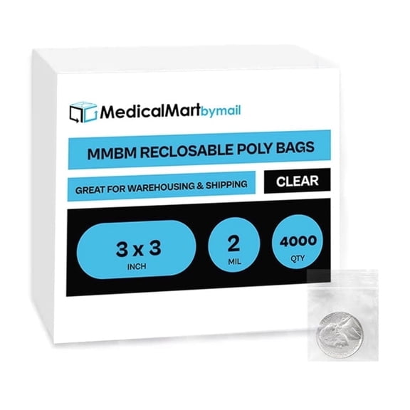 MMBM Clear Reclosable Poly Bags 3" x 3" 2 Mil Lightweight Bags for Storage and Packaging 4000 Pieces