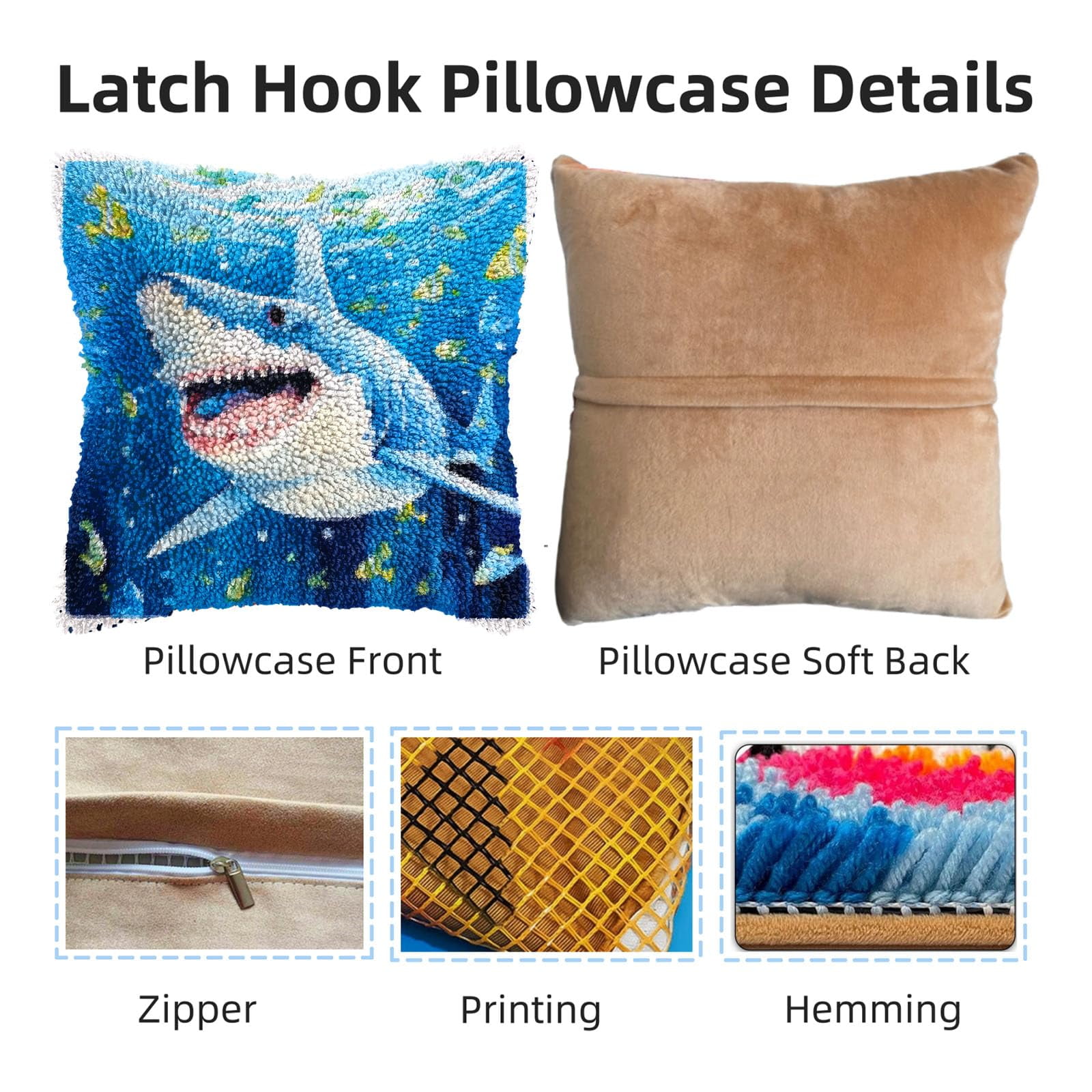 Cartoon Shark in Sea DIY Latch Hook Pillow Kits for Adults Printed Pillowcase Crochet Yarns Hooking Handmade Pillow Cover Cushion for Home Sofa Decoration 17x17inch(2)