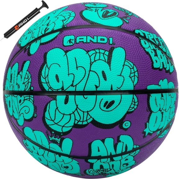 AND1 Street Ball Rubber Basketball, Size 6 (28.5"), Indoor/Outdoor, Deep Channel Construction, Includes Hand Pump