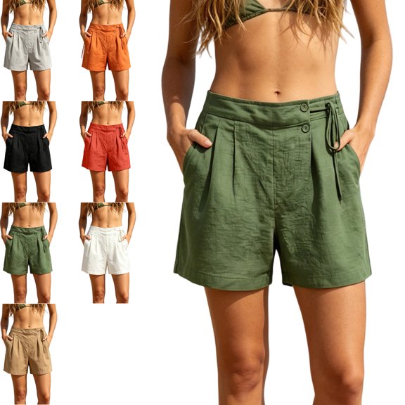 MLCDZ Womens Cotton Linen Shorts Casual Loose Summer Drawstring Elastic Waist Pleated Zipper Button Tailored Shorts Beach Vacation Versatile Short Pants