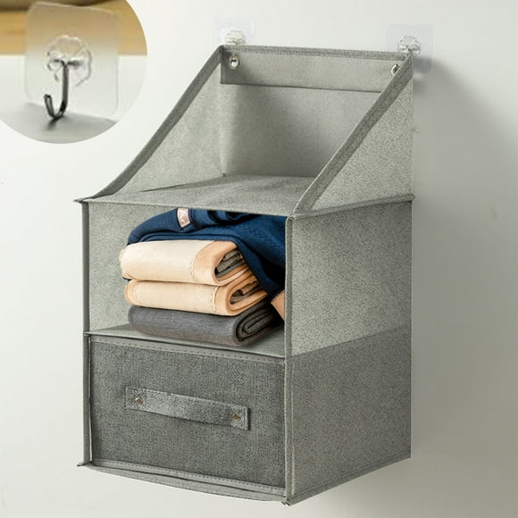 Gray Fabric Closet Organizer with Hanging Bag & Drawer | Space Saving Wall Mounted Storage Box | 34x27x27cm & 50x27x27cm Foldable Cloth Shelves | 1PC