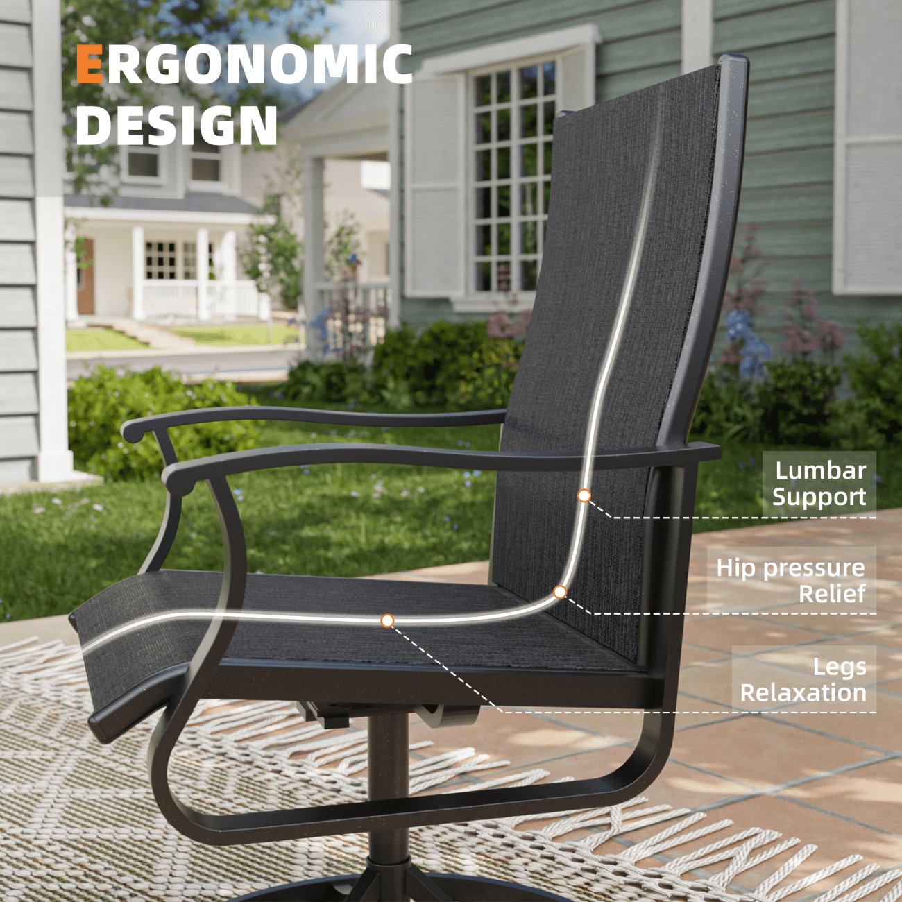 UDPATIO Low Back Outdoor Dining Chair Set of 2, 360°Swivel Patio Chair Outside for Lawn Garden Backyard Deck, Dark Grey