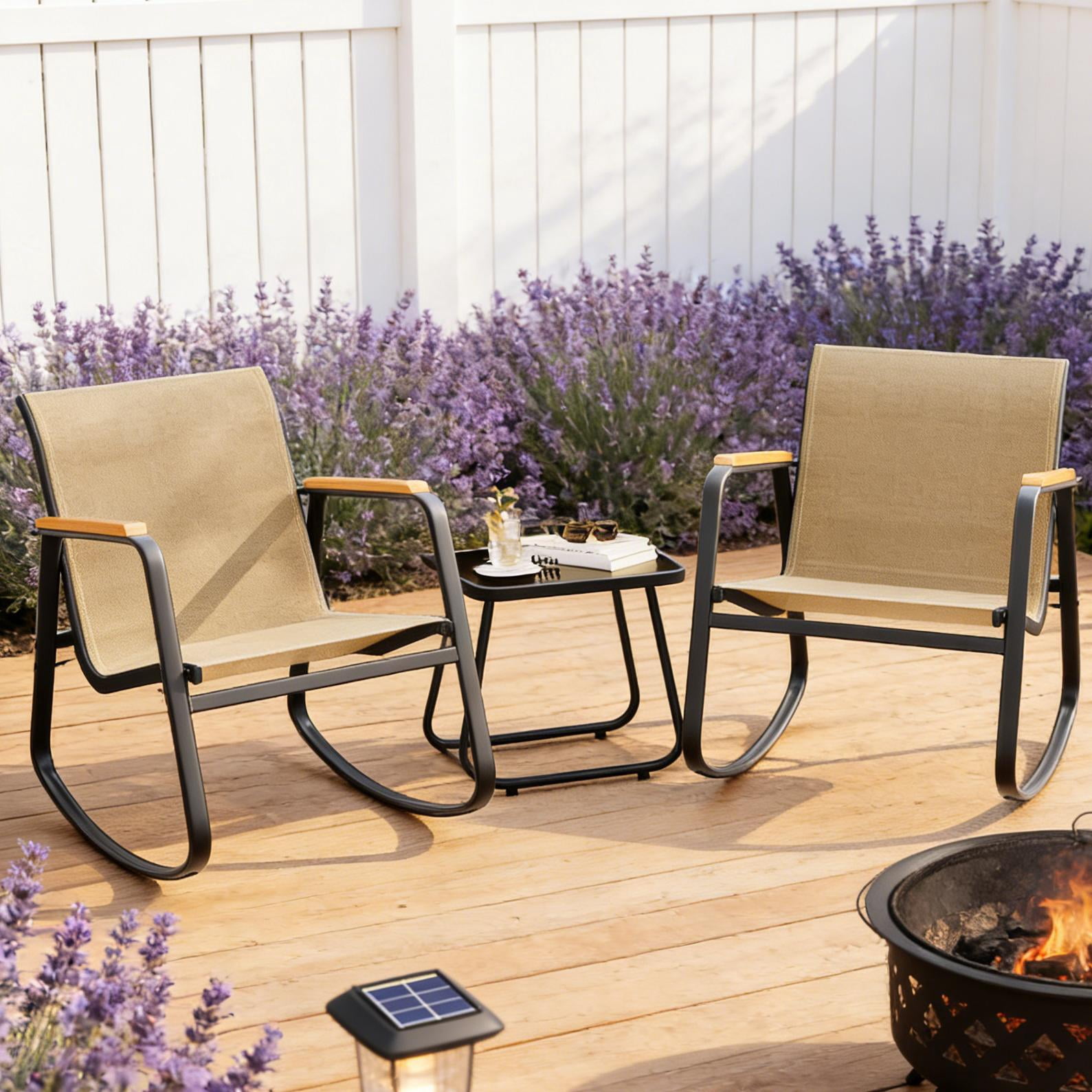 Lofka 3-Piece Patio Furniture Set, Outdoor Rocking Chair Set with Side Table for Garden|Balcony|Backyard,Beige