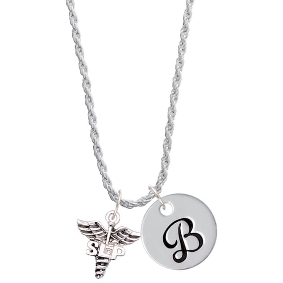 Delight Jewelry Silvertone SLP Caduceus - Silvertone Script Initial Disc - B - Charm Necklace, 20"+3"