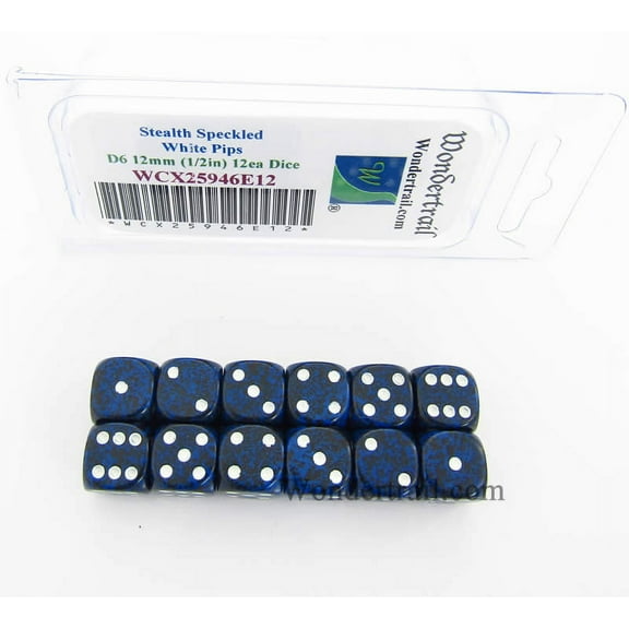 Stealth Speckled Dice with White Pips D6 12mm (1/2in) Pack of 12 Wondertrail