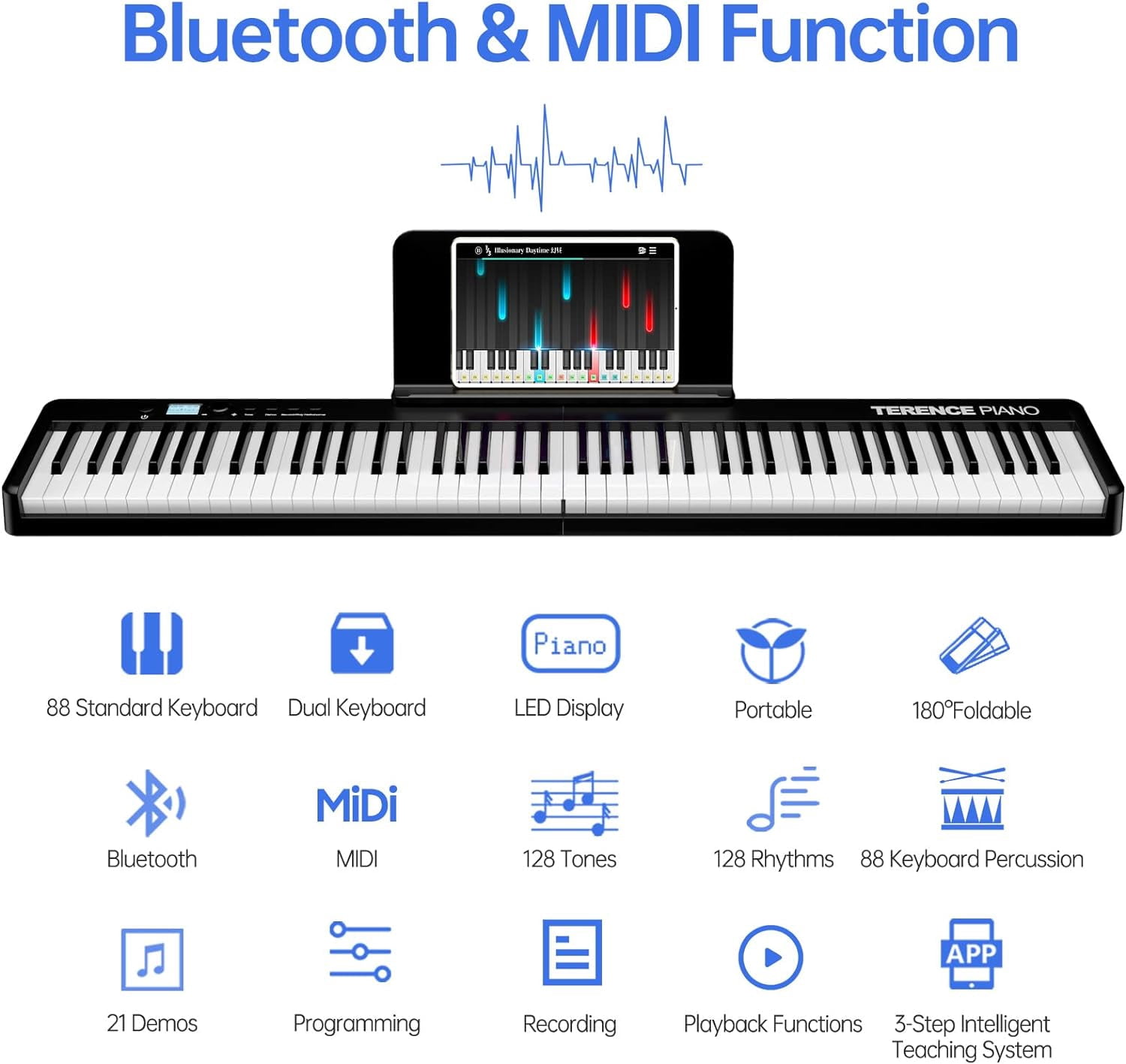 Terence Folding Piano Keyboard, 88 Keys Full Size Semi-Weighted Foldable Piano, Support MIDI USB Interface Bluetooth Portable Piano with for Beginners Kids