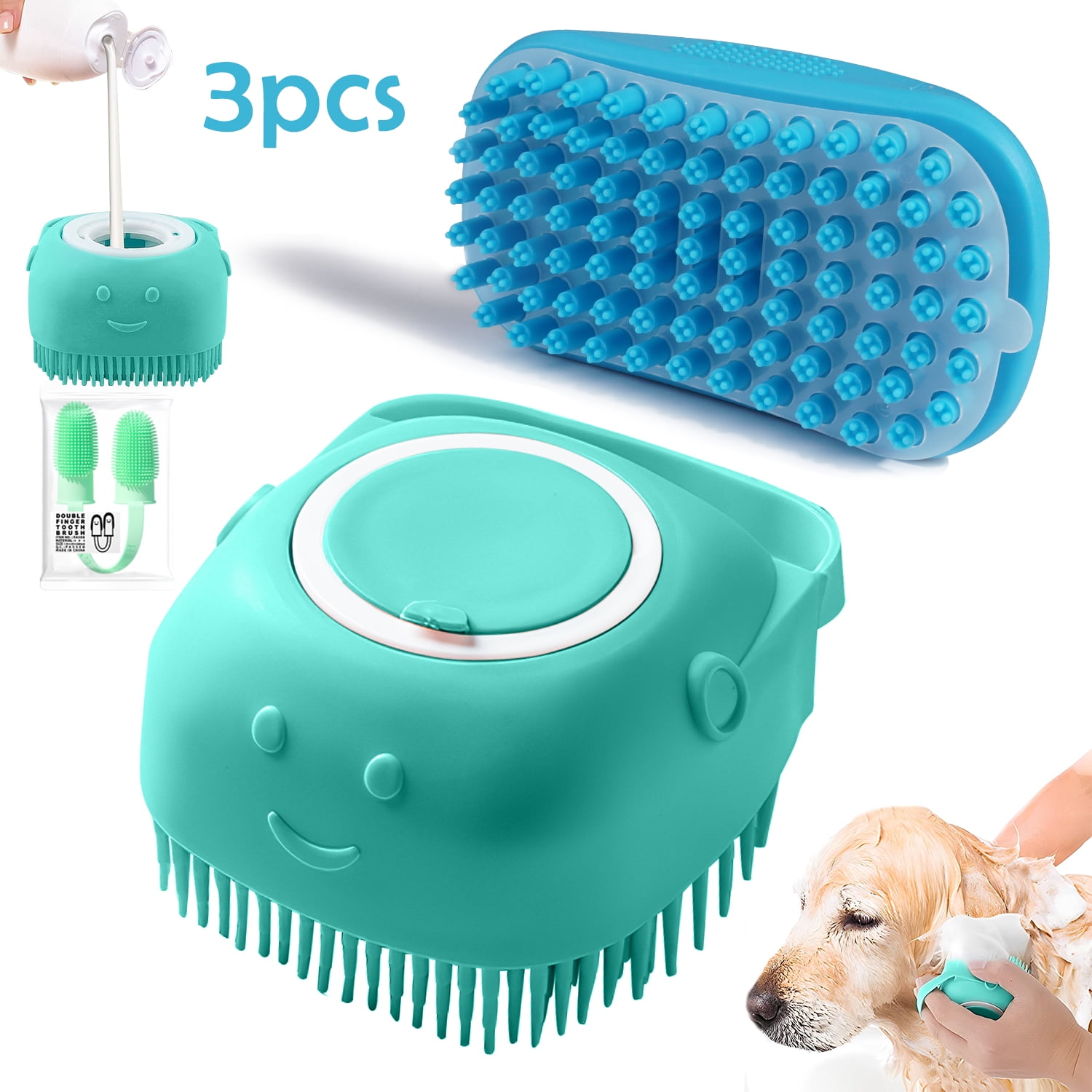 TRANSFREE 3Pack Dog Bath Brush Toothbrush Soft Silicone Pet Shampoo
