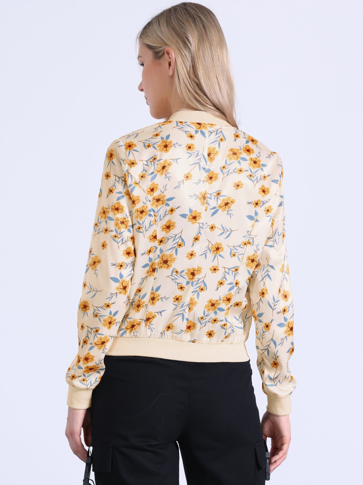 DARING DIVA Women's Stand Collar Front Zipper Satin Bomber Jacket S Apricot Blue