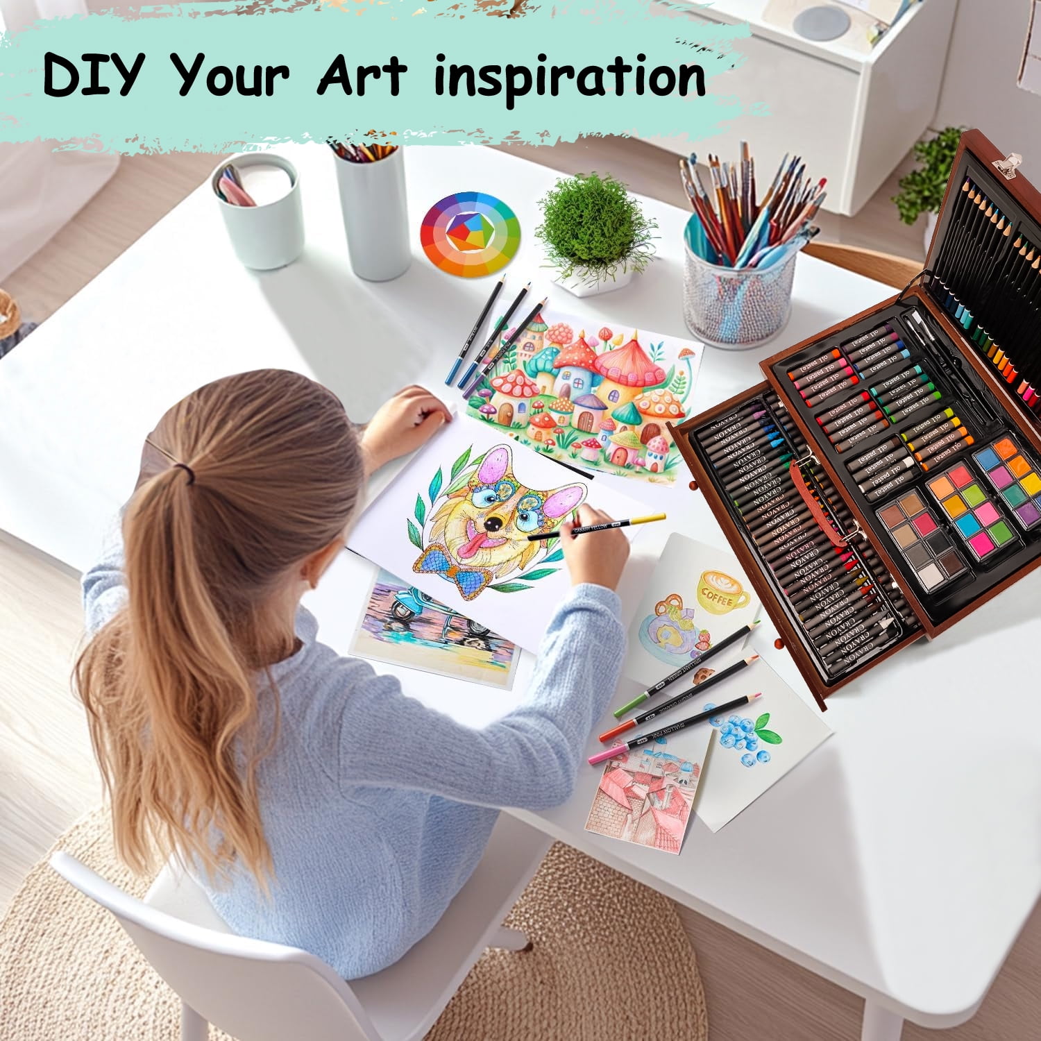 Xueyu All in One 140 PCS Wooden Art Supplies Set with Drawer, Unleash Your Creativity with a Diverse Array of Premium Tools, Including Brushes, Crayons and Watercolors for Every Artistic Endeavor