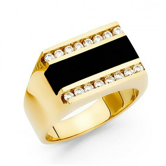 14K Gold 12Mm Black Onyx Accented with 16 Cubic Zirconia Ring