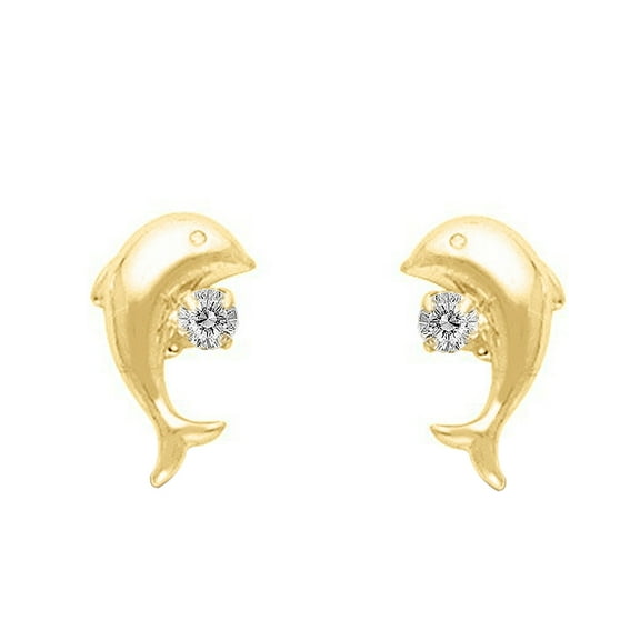 Precious Stars 14K Yellow Gold Cubic Zirconia Dolphin Screwback Earring Studs