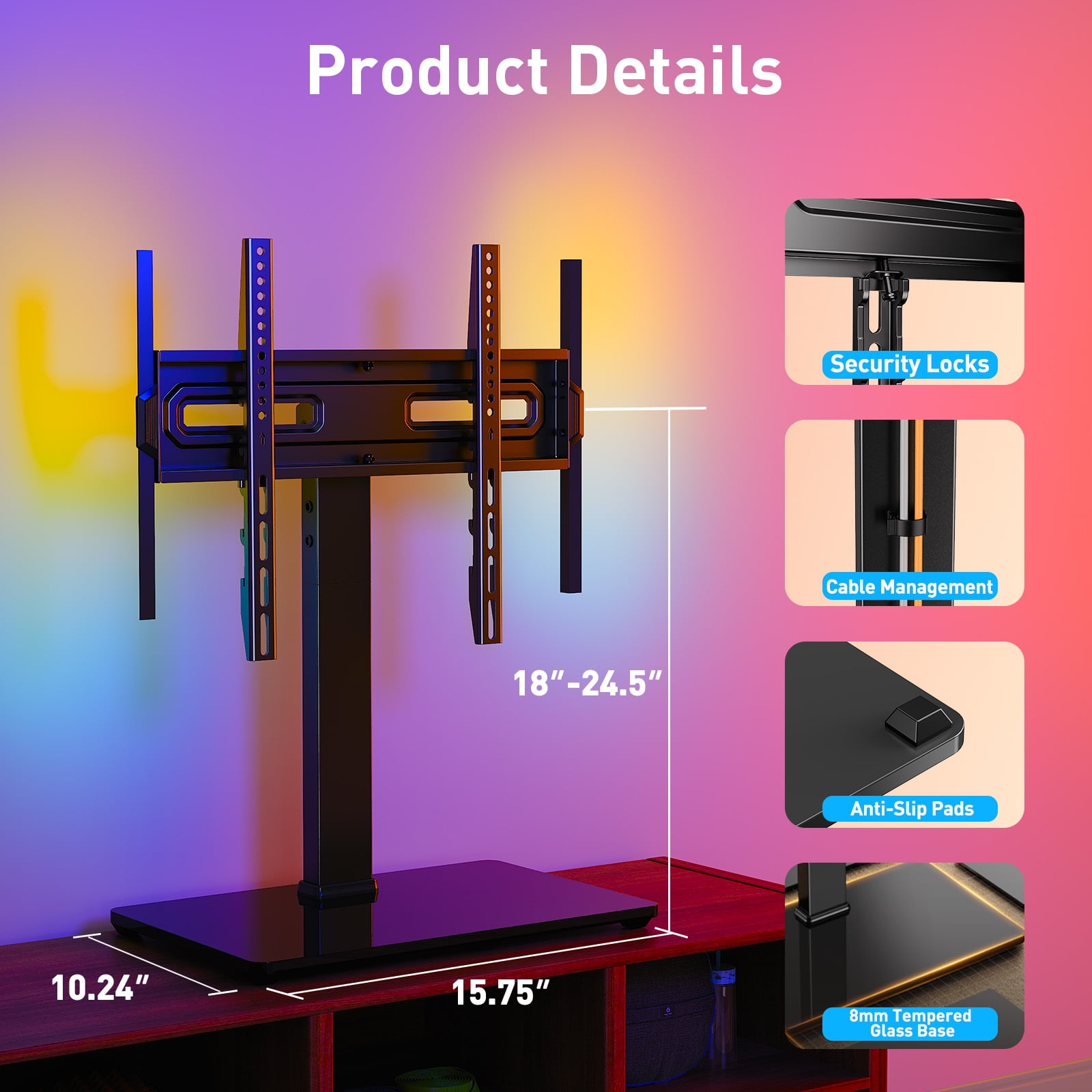MountFTV Universal TV Stand with LED Lights for 32-70 inch TVs, Holds up to 88 lbs, Max 400x400mm, 9 Height Adjustable Table Top TV Stand Mount with 35° Swivel and 8° Tilt