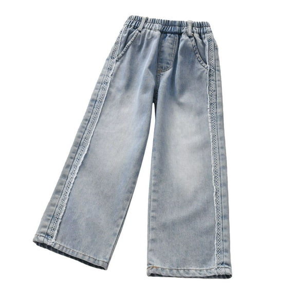 Jamicy Children's Denim Pants Gift for Children Girls Jeans Kid Denim Pants Loose Wide-Leg Ripped Pant Child Baggy Trousers Outfits Elasticated High-Waisted Straight Jeans