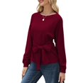 thumbnail image 2 of Sudadera con Nudo en la Cintura para Mujer, Raglán Larga, Cuello Redondo, Elegante, para Hacer Ejercicio, para Otoño Vino Tinto L, 2 of 7