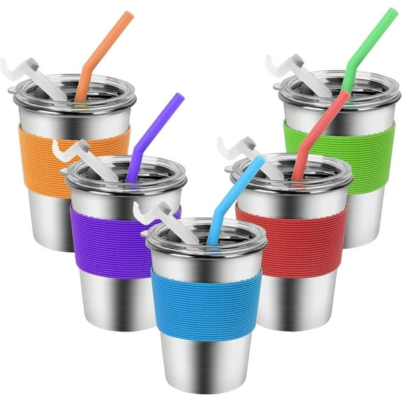 LQQBOX Toddler Cups with Straws, Stainless Steel Children Smoothie Drinking Sippy Cups, Stacking & Reusable Kids Cups with Straws and Lids, 5 Pack, 12oz