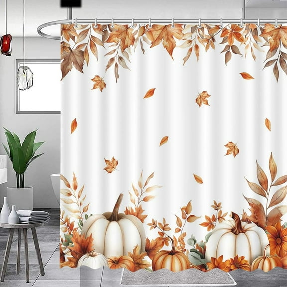 Fall Pumpkins Maple Leaf Shower Curtain, Autumn Leaves Harvest Thanksgiving Farmhouse Watercolor Seasonal Bathroom Curtain Sets, Waterproof Fabric Bathroom Decor 72 X 72 Inch