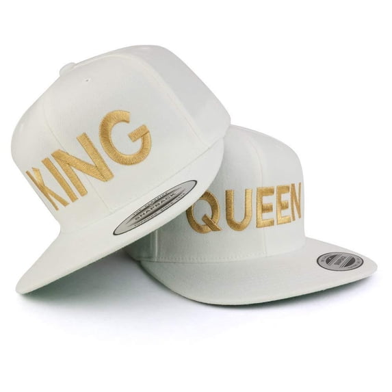 Trendy Apparel Shop King and Queen Embroidered Flat Bill Snapback Off White Cap - 2pc Pack