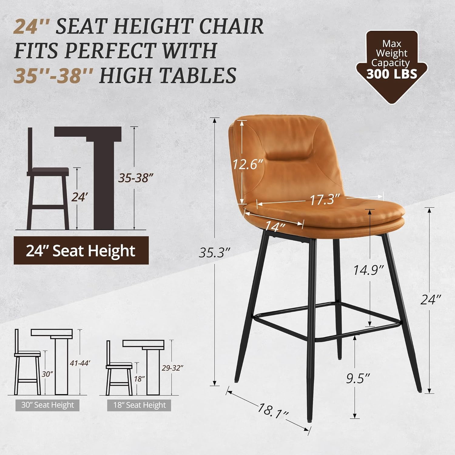 Dycanpo 24”H Bar Stools Set of 3, Double-Layer Upholstered, for Home Kitchen, Whiskey Brown
