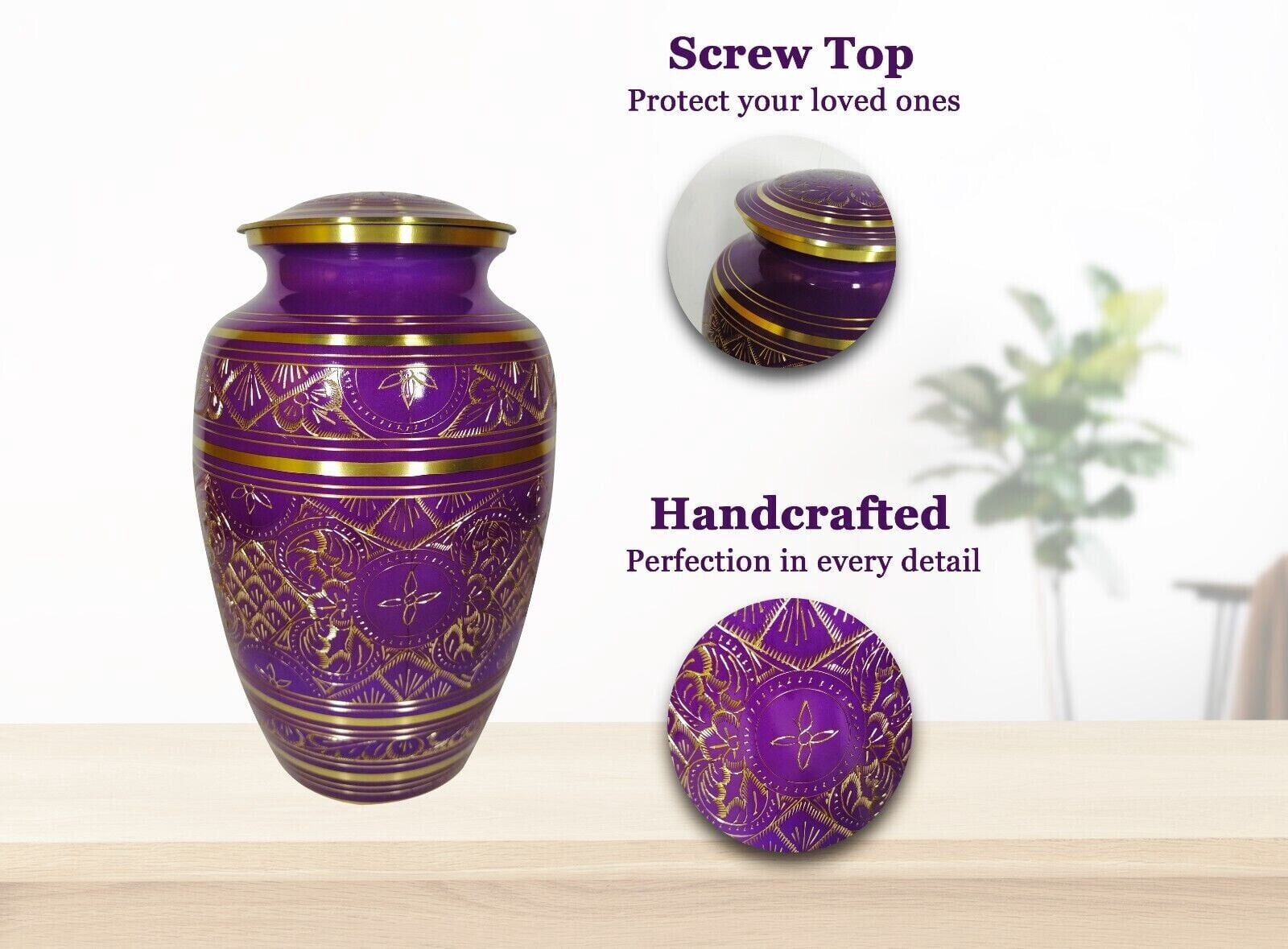 Cremation Urn Purple Gold Engraved Funeral Burial Urn For Human And Pet Ashes Large Human Urn for Human Ashes with velvet bag