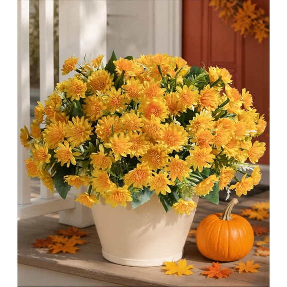 12 PC Artificial Fall Mum Flowers for Outdoor, Faux Bushes UV Resistant, Waterproof Floral Arrangements, Fake Autumn Daisy Flowers for Front Door Patio Garden Yard Planter Home Decor, Yellow