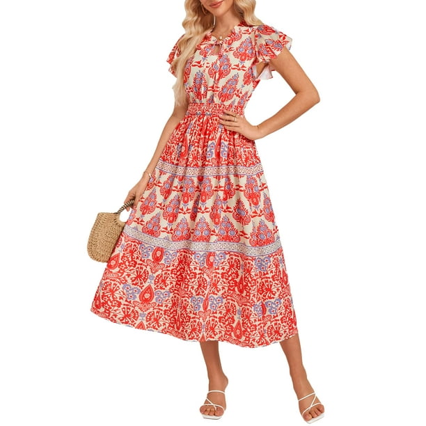Vestido largo GRACE KARIN Mujer Primavera Verano 2025 Rojo Boho XL