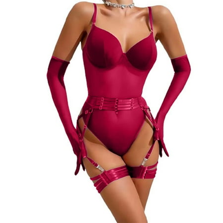Tqcoqu Women s Sexy Mesh Tight Fitting Jumpsuit Foreign Trade Garter Belt Crotch Opening Lingerie Gloves