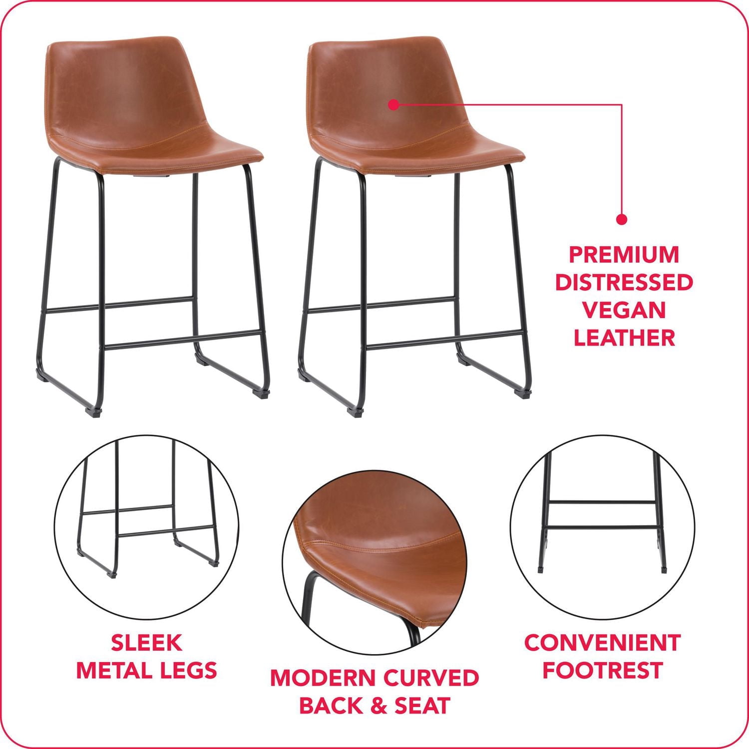 CorLiving Palmer Set of 2 Modern Mid Back Faux Leather Upholstered Counter Height Indoor Barstools