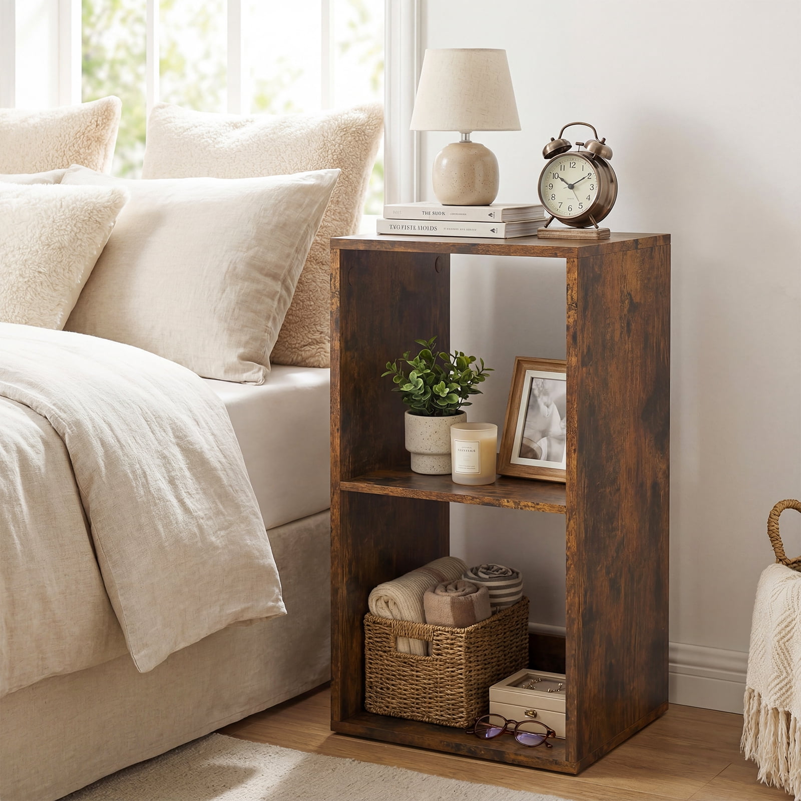 Costway 2-Cube Bookshelf, Modern Vertical Bookcase with Back Guardrail&Anti-tipping Kits Rustic Brown